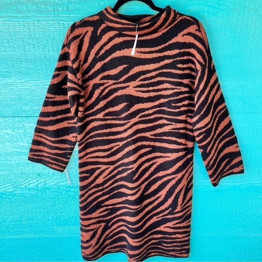 ANN TAYLOR SWEATER DRESS COPPER METALLIC ANIMAL PRINT SOFT MIDI SIZE SMALL NWT